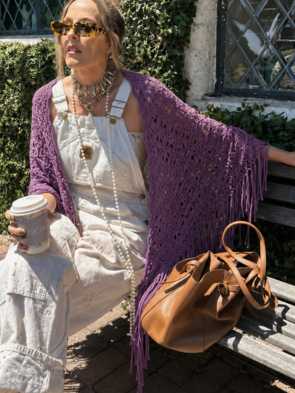 Hand Knit Purple Shawl Cape Poncho Fringe Vintage One Size (e)